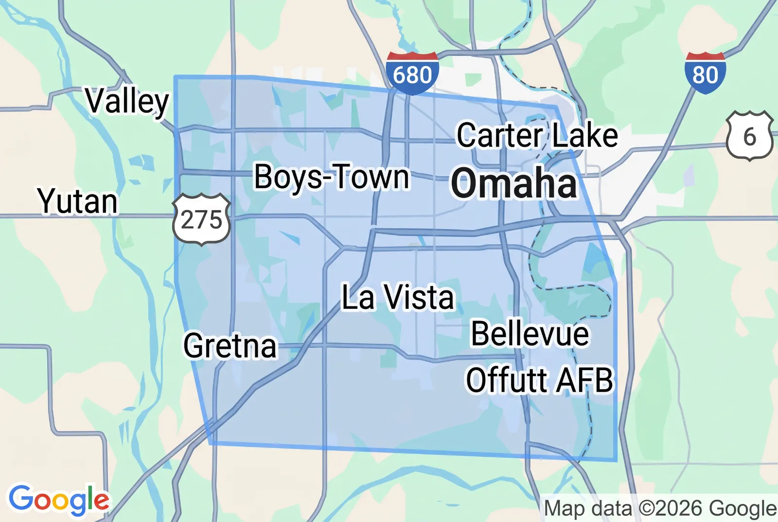 Map of the Omaha metro area served by Mr & Mrs Clean